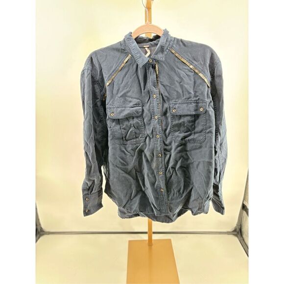 Free People navy blue off campus metallic detail button down long sleeve size sm - Picture 5 of 10